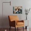 A horizontal 15x18.75 HD metal art print of a detailed red fox portrait mounted on a light gray wall in a modern living room setting, positioned above a mid-century orange accent chair next to a sleek floor lamp.