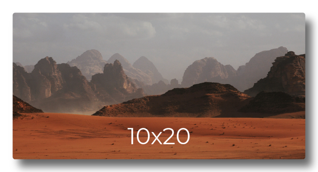 Sample photo print mockup displaying a desert landscape with rocky mountains labeled with print dimensions 10x20