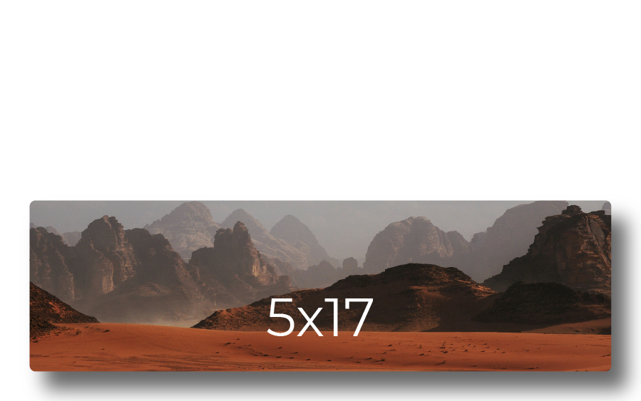 Sample photo print mockup displaying a desert landscape with rocky mountains labeled with print dimensions 5x17