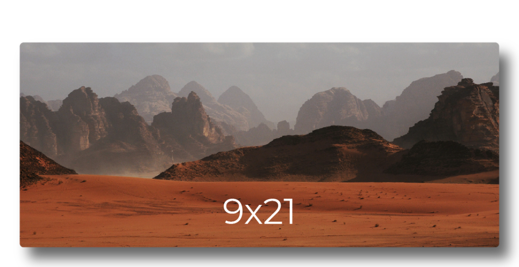 Sample photo print mockup displaying a desert landscape with rocky mountains labeled with print dimensions 9x21
