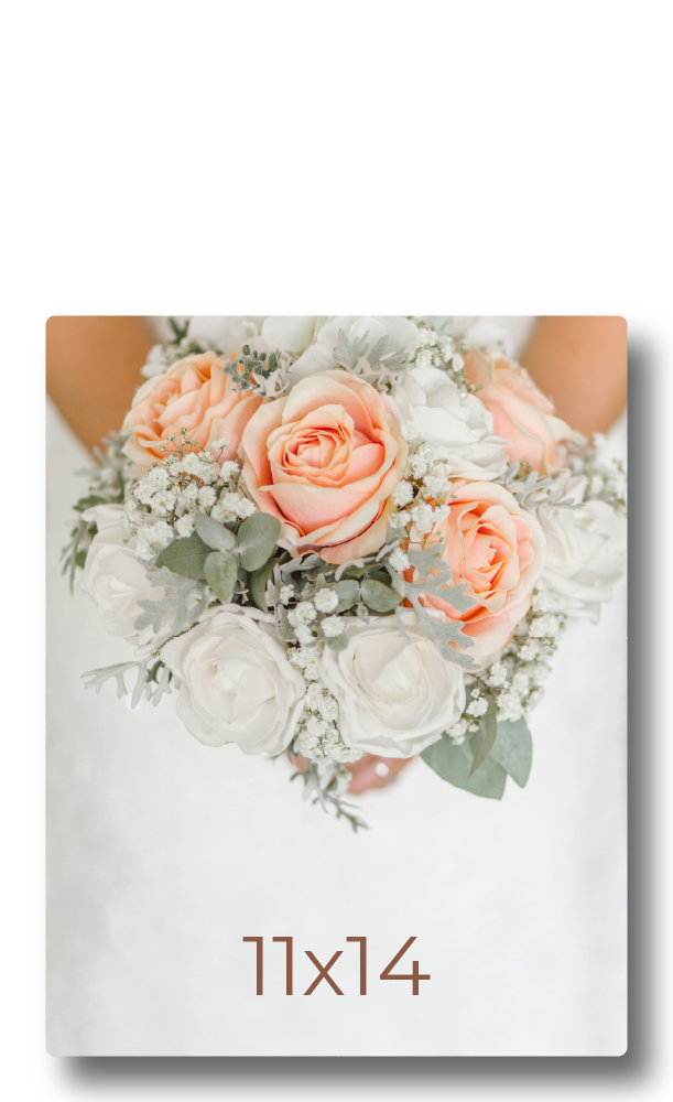 Product preview mockup demonstrating a standard 12x18 vertical photo print ratio. Features a high-resolution sample image of a bridal bouquet with soft peach and white roses against a wedding dress, overlaid with size dimensions for e-commerce store visualization and print sizing guides.