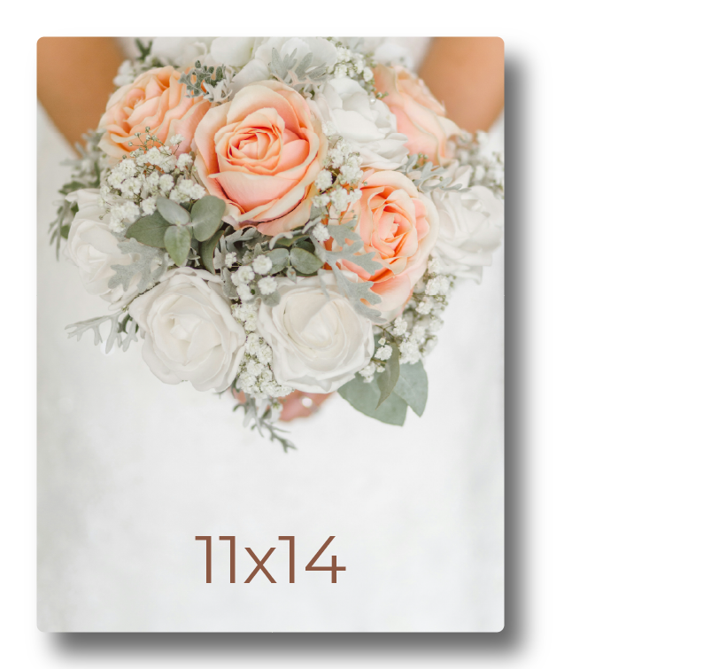 Sample photo print mockup displaying a bridal bouquet with peach and white roses labeled with print dimensions 11x14