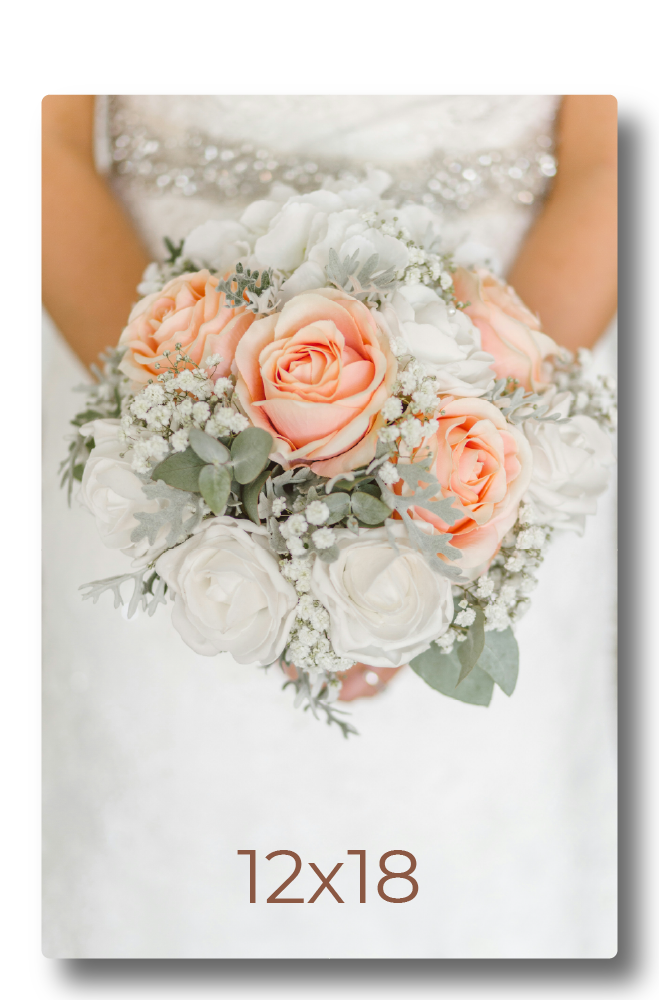 Sample photo print mockup displaying a bridal bouquet with peach and white roses labeled with print dimensions 12x18