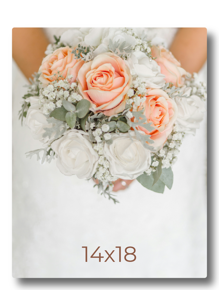 Sample photo print mockup displaying a bridal bouquet with peach and white roses labeled with print dimensions 14x18