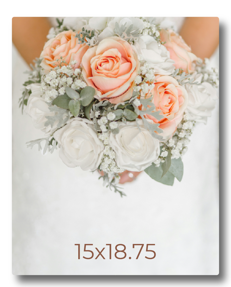 Sample photo print mockup displaying a bridal bouquet with peach and white roses labeled with print dimensions 15x18.75
