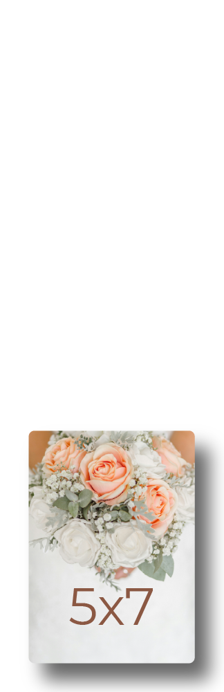 Sample photo print mockup displaying a bridal bouquet with peach and white roses labeled with print dimensions 5x7