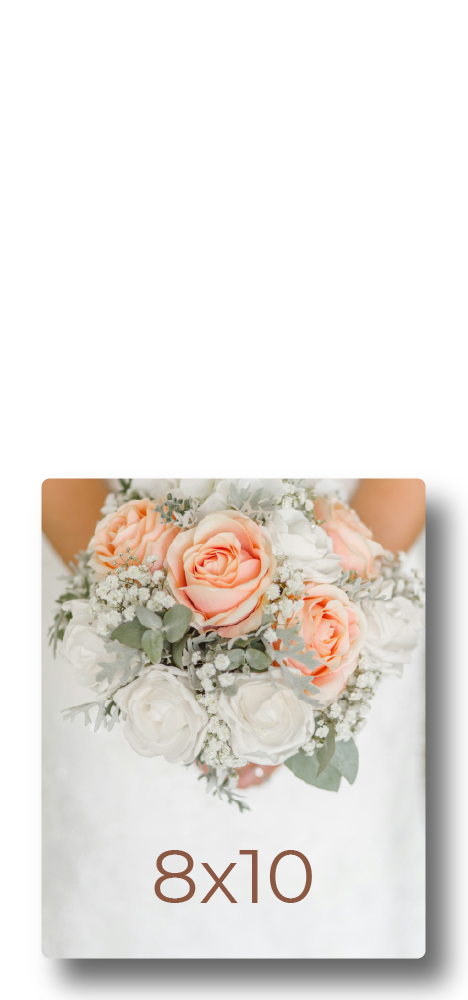 Sample photo print mockup displaying a bridal bouquet with peach and white roses labeled with print dimensions 8x10