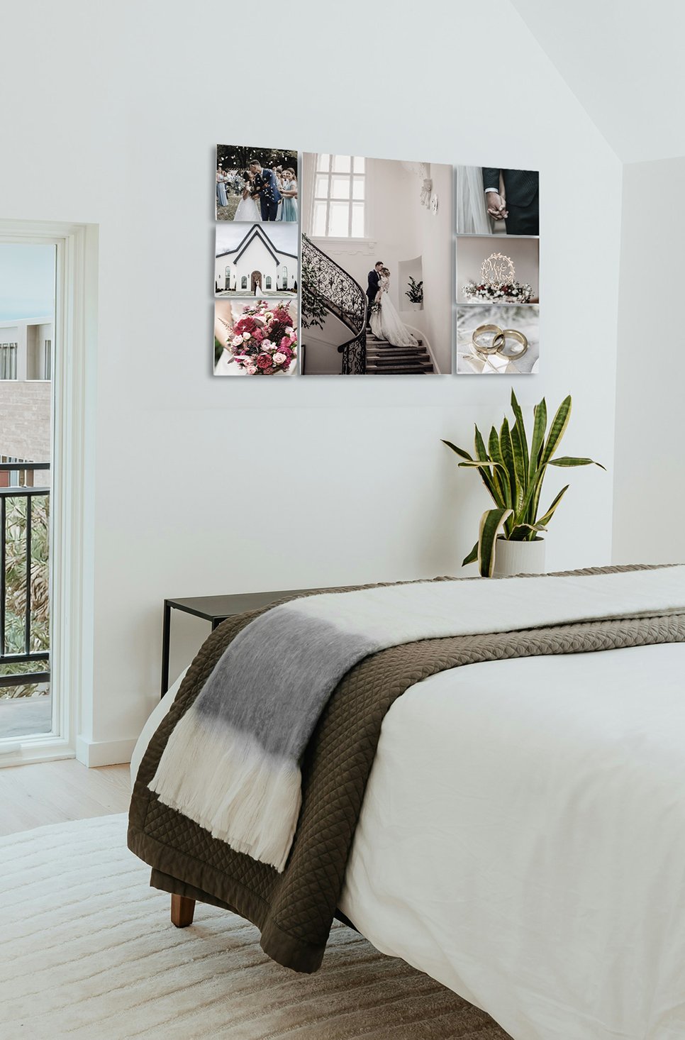 A modern bedroom interior mockup featuring a 7-panel custom wedding photo display layout—including one large 15x18.75 print and six small 6x6 prints—mounted on a sunlit wall above a bed with graphic window blind shadows.