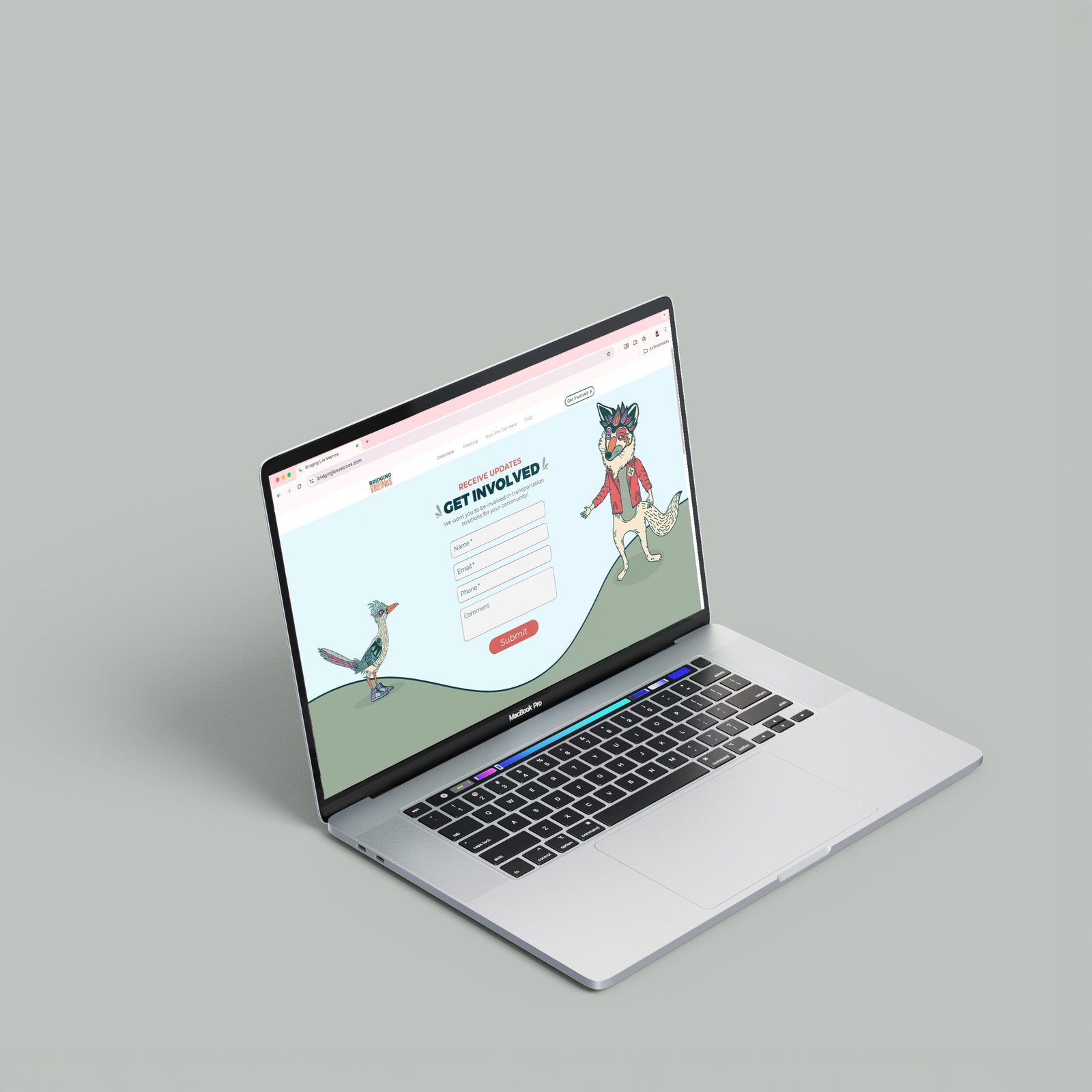 Bridging Los Vecinos public engagement website interface layout on a laptop mockup